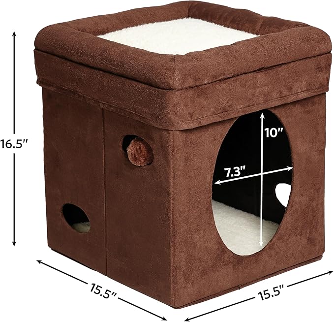 MidWest Homes for Pets Feline Nuvo Curious Cat Cube, Foldable Pet Hideout with Toy, Bolstered Bed Top, Faux Brown Suede, Synthetic Sheepskin