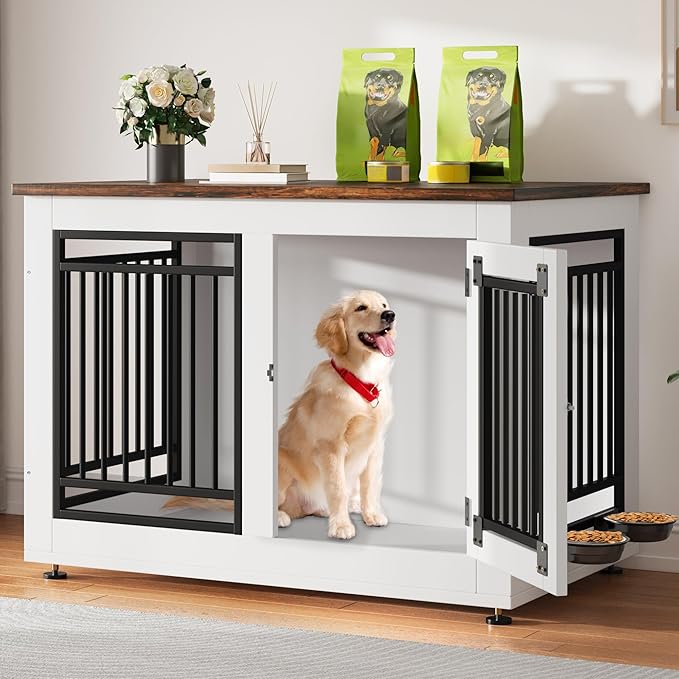YITAHOME 39" Dog Crate Furniture, Wooden Side End Table with Adjustable Feet and Removable Bowls, Dog Kennel Indoor for Medium Large Dogs
