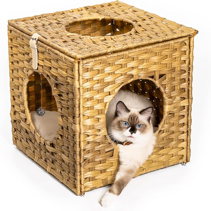 Mewoo Ratten Cat House Condo with Rattan Interactive Hanging Ball Toy *4 & Cotton Cushion, Enclosed Wicker Cat Bed, Wheat