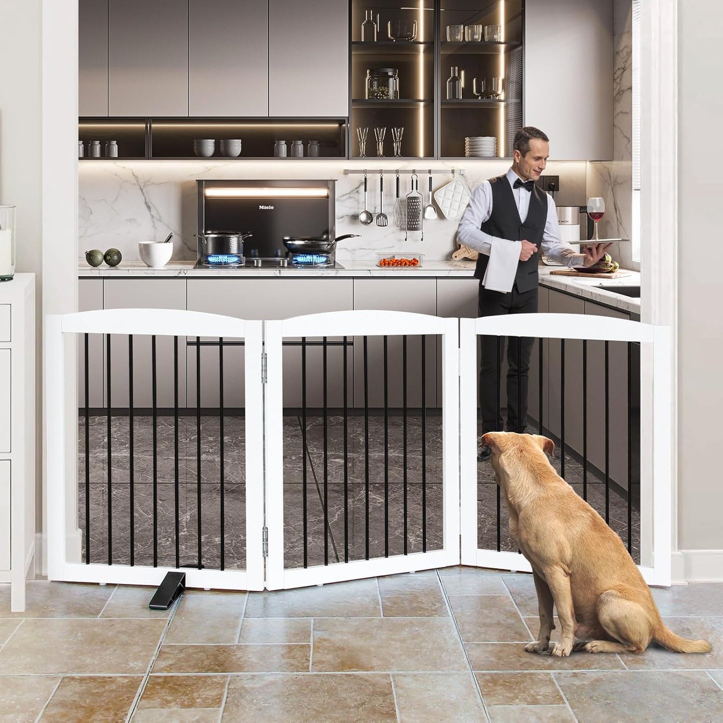 Freestanding Panel Dog Gate for Indoor Doorways, Stairs, or Hallways - Foldable Wooden Pet Gate, 24" Height - 3 Panels, White