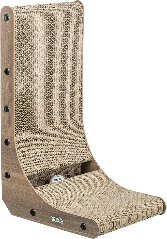 Trixie L-Shape Cat Scratcher with Catnip & Silvervine - 17.7" Indoor Furniture - Double-Sided Corrugated Cardboard - Vertical & Horizontal Scratching Pad with Ball Toy for Cats & Kittens - Gray/Brown