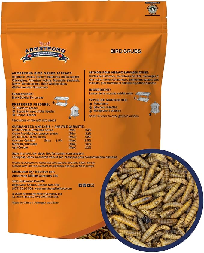 Armstrong Bird Grub Dried Black Soldier Fly Larvae, 1.1lbs (Pack of 4) - Total 4.4lbs - High-Calcium, Natural Mealworm Alternative for Orioles, Bluebirds, & Chickadees - Ideal for Outdoor Feeders