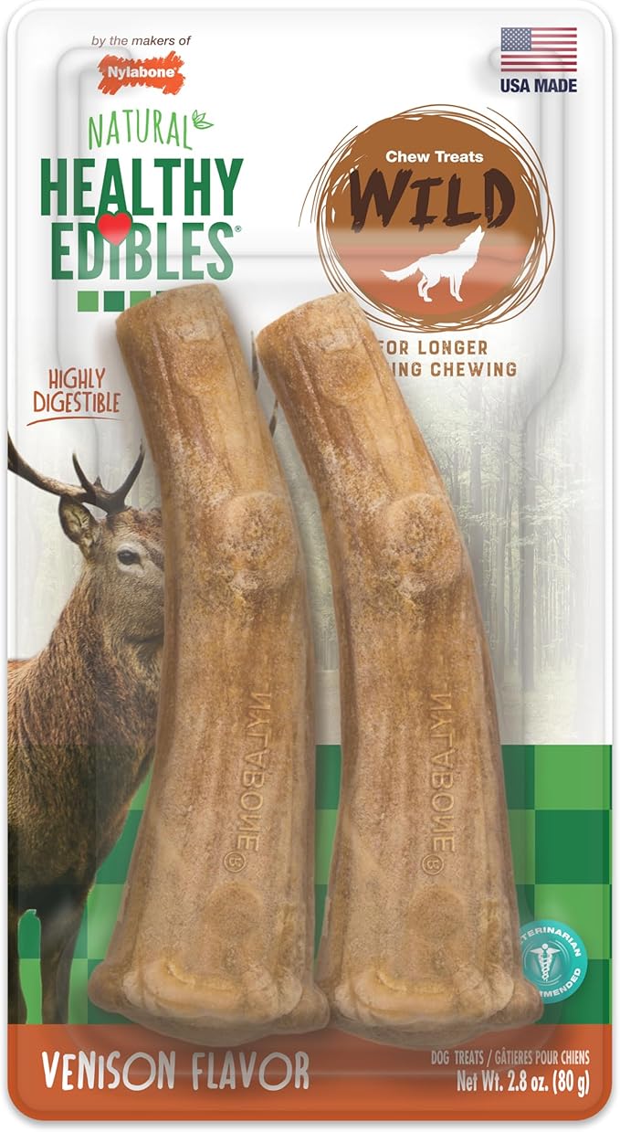 Nylabone Healthy Edibles WILD Natural Dog Chew Treats for Large Dogs, Long Lasting Dog Healthy Chew Antler Bone Made in USA, Venison Flavor, For Dogs Up to 50 lbs. (2 Count)