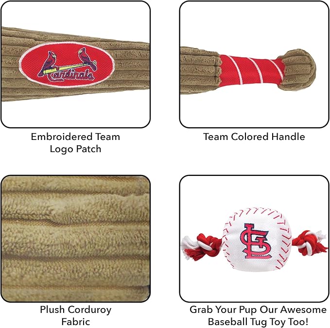 MLB St Louis Cardinals Baseball Bat Toy for DOGS & CATS. Soft Corduroy Plush Dog Toy with Inner SQUEAKER, MLB Chew Toys for Dogs or Cats. Durable Fun Interactive Dog Toy with Team Names and Logo