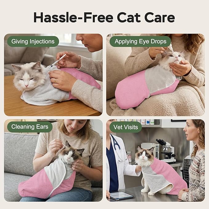 Cat Wrap for Cutting Nails, Self-Adhesive Cat Nail Clipping Restraint Bag, Anti-Scratch Cat Grooming Wrap Swaddle for Meds, SubQ Fluids, Ear Cleaning, Teeth Brushing & Vet Visits,Pink,L