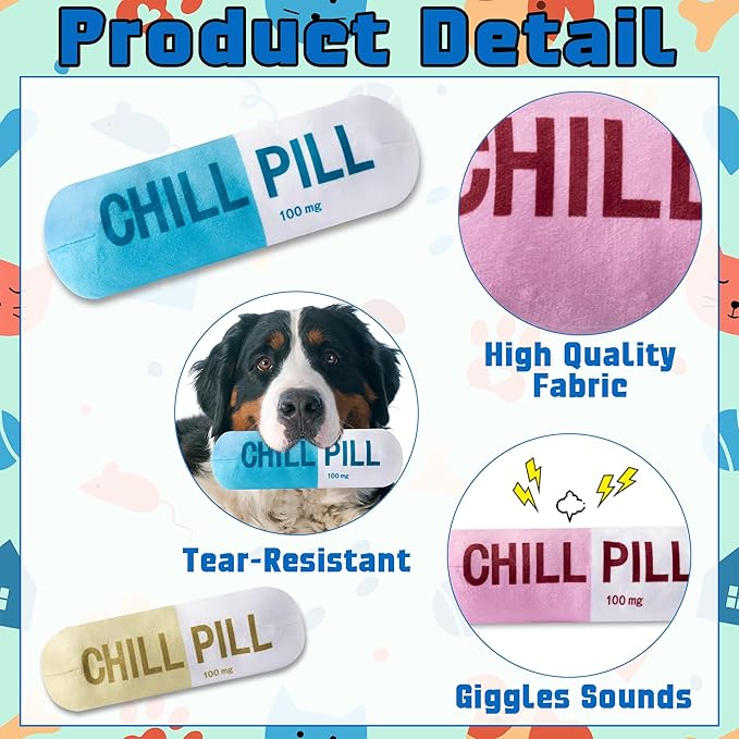 CUweipeng Squeaky Dog Chew Toys - 3Pcs Chill Pill Capsule Teething Squeak Small Plush Dog Toy Keep Them Busy Aggressive Chewers Bite Kick Interactive Training Play Pet Lover Gifts Present Photo Props