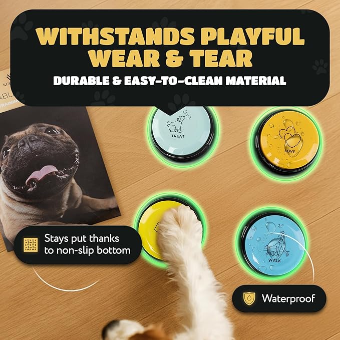 KUL KING'S Waterproof & Non-Slip Dog Command Buttons - 4 Recordable Buttons with Batteries, Stickers, Training Guide - Talking Dog Buttons for Communication