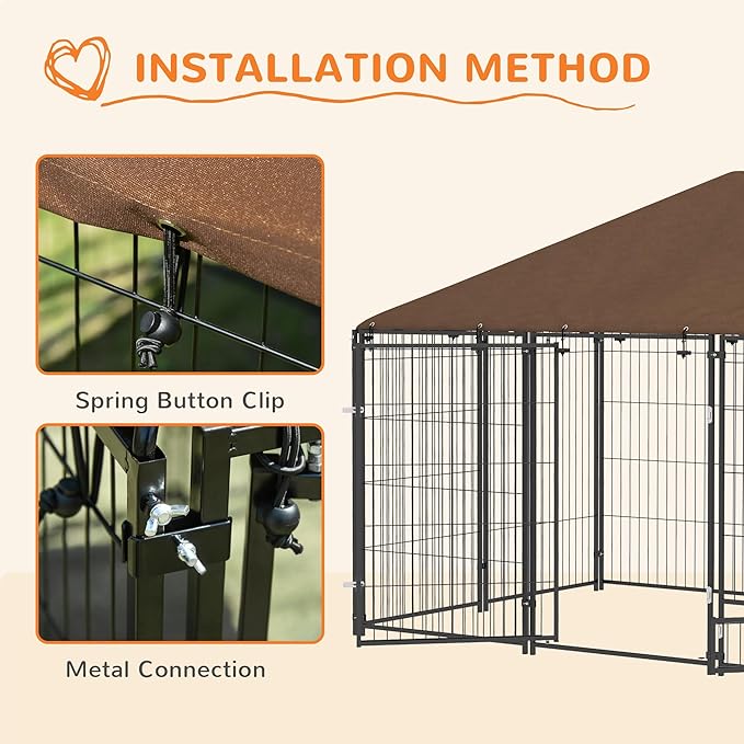 PawHut Outside Dog Kennel, 6.9' x 4.6' x 5' Puppy Play Pen w/Canopy, Secure Lock, Heavy Duty Welded Wire Steel, Rotating Bowl, Garden Playpen Fence Crate Enclosure Cage for Dogs Chickens Ducks, Black