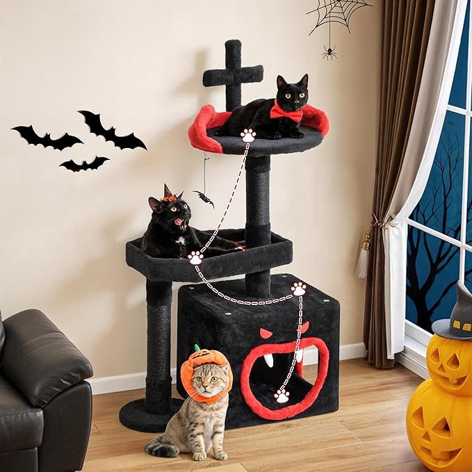DWVO Gothic Halloween Cat Tree: 38.5in Tower with Coffin Bed, Top Perch, Spacious Condos, Spider Playthings for Indoor Cats Kittens