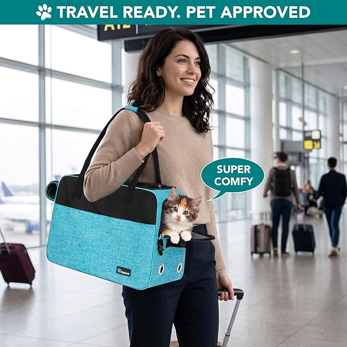 PetAmi Dog Purse Carrier for Small Dogs, Airline Approved Soft Sided Pet Carrier with Pockets, Ventilated Dog Carrying Bag for Puppy Cat, Dog Travel Supplies Bag, Sherpa Bed, Max 12 lbs, Teal Blue