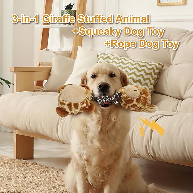 Giraffe Plush Squeaky Dog Toy with Rope Neck Puppy Teething Chew Toy Cute Soft Fun Multi-Functional Interactive Tug of War Dog Rope Toy for Small Medium Large Dogs Toy Gift 30cm/11.81in