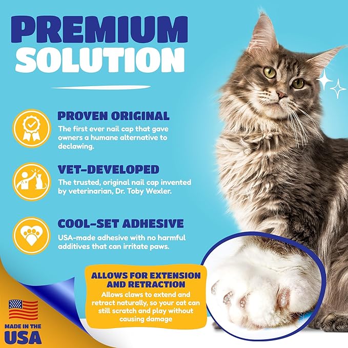 Soft Claws Cat Nail Caps for Medium Cats – (40 Caps, Blue & Silver) - Made in USA - Veterinarian-Developed | Protects Furniture & Skin - Easy to Apply, Long-Lasting Anti-Scratch Soft Cat Claw Covers