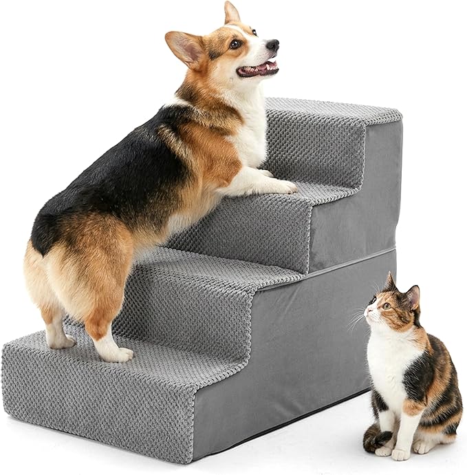 HealSmart Dog Stairs for Small Dogs, 4-Step Design Pet Steps for Puppies and Senior Cats, Versatile Indoor Pet Ramp Suitable for Sofa Couch and Chair, Non-Slip High-Density Foam Pet Ladder, Gray