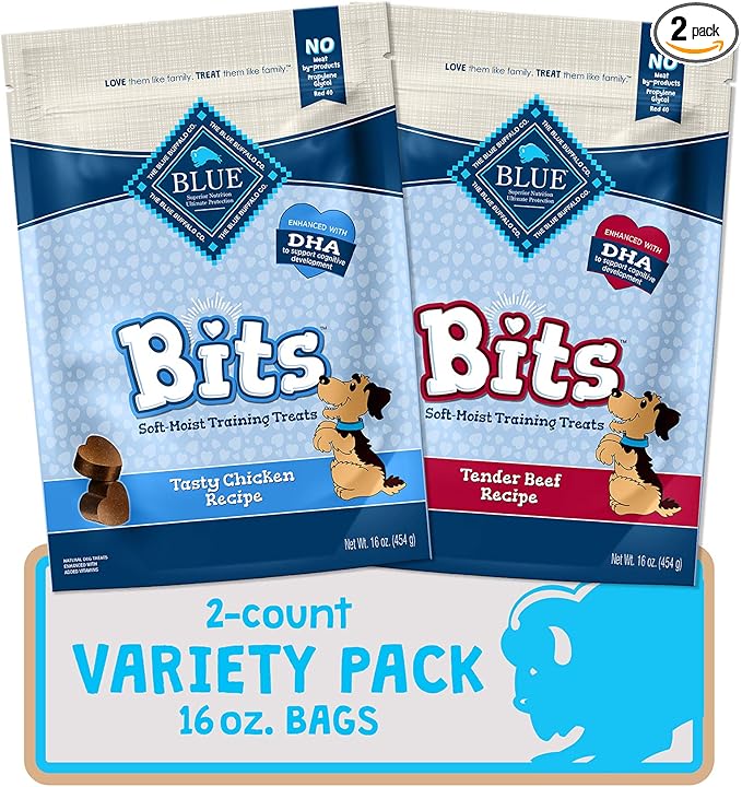 Blue Buffalo Blue Bits Natural Soft-Moist Training Dog Treats Chicken & Beef Recipes 16-oz Bag Variety Pack, 2ct