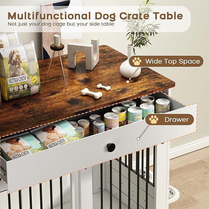 Large Dog Crate Furniture with Sliding Door & 360° Spinning Bowls | Durable Modern End Table for Medium & Large Dogs for Pet Owners (40-inch)