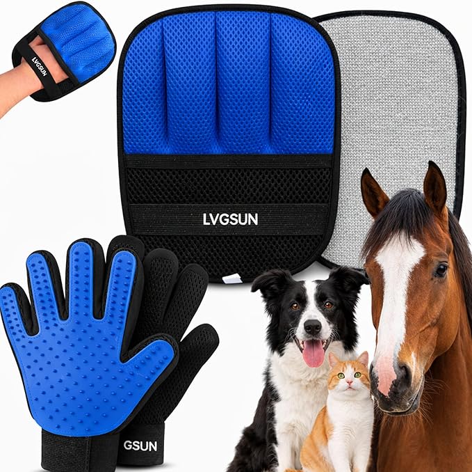 Cat Grooming Gloves for Shedding – Pet Hair Remover Set with Cleaning Mitt – 2 Grooming Gloves + 1 Reusable Pad for Cats, Dogs & Horses – Long & Short Hair Deshedding