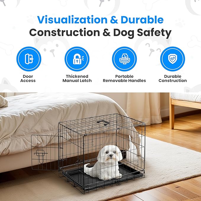 HealSmart 24" Single Door Pet Crate, Sturdy Foldable Metal Wire Dog Cage with Leak-Proof Tray, Portable Indoor & Outdoor Pet Kennel for Travel and Home Use