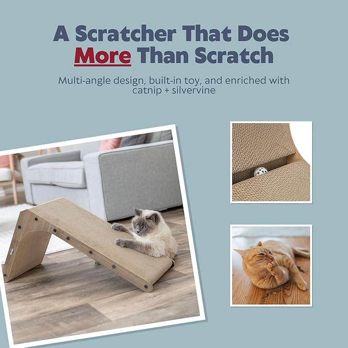 Trixie L-Shape Cat Scratcher with Catnip & Silvervine - 17.7" Indoor Furniture - Double-Sided Corrugated Cardboard - Vertical & Horizontal Scratching Pad with Ball Toy for Cats & Kittens - Gray/Brown