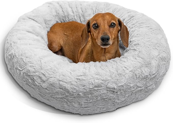 Best Friends by Sheri The Original Calming Donut Dog Bed for Small Dogs up to 25 lbs, Lux Faux Fur, Gray, 23" x 23"