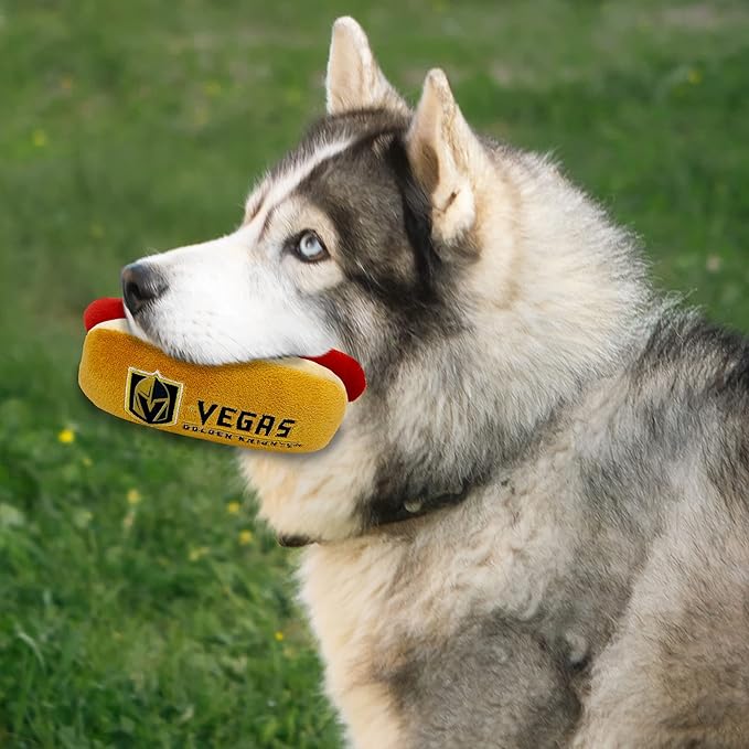 Pets First NHL LAS Vegas Golden Knights HOT Dog Plush Dog & CAT Squeak Toy - Cutest HOT-Dog Snack Plush Toy for Dogs & Cats with Inner Squeaker & Beautiful Hockey Team Name/Logo 8 x 5 x 3 Inches