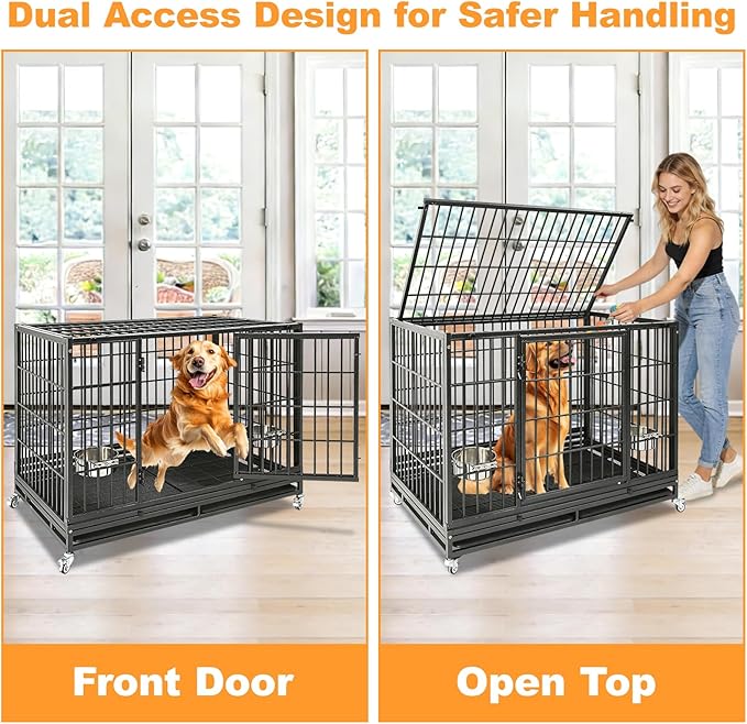 Homey Pet 48 Inch Heavy Duty Indestructible Dog Crate, Stackable Escape Proof Dog Cage Kennel Indoor with Two Trays, Metal Grids, Wheels, Bowls, Double Doors for High Anxiety Large Dogs(2 Tiers)