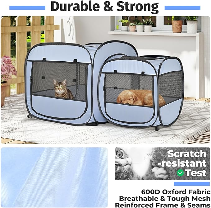 EighteenTek® 2-in-1 Portable Cat Playpen(Front Doors), Pop up Kitten Playpen, Assembly-Free, Pet Tent Crates Kennel Cage Enclosure for Dog Puppy Indoor Outdoor(No Divider, Unified Space)