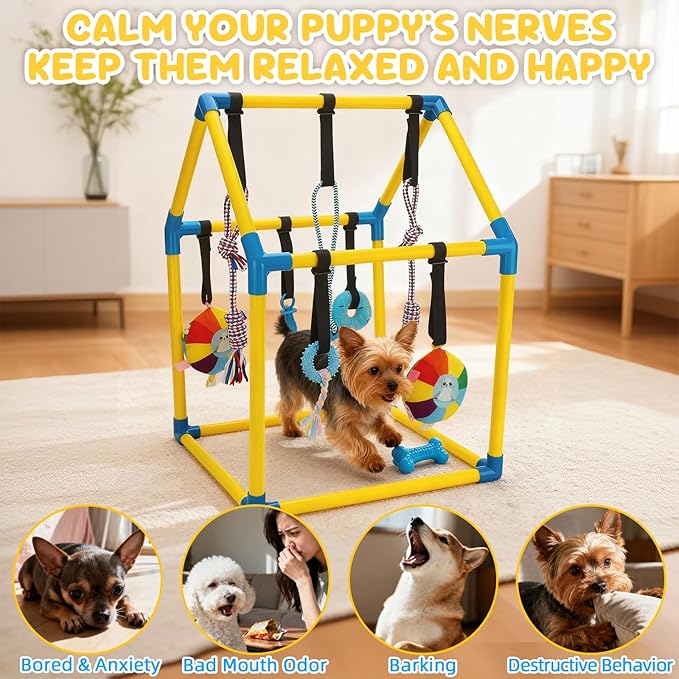 Puppy Play Gym with Hanging Toys, Dog Indoor Jungle Gym as Activities Center for Puppies, PVC Frame with 8 Enrichment Toys for Small Dogs Kitten and Other Pets