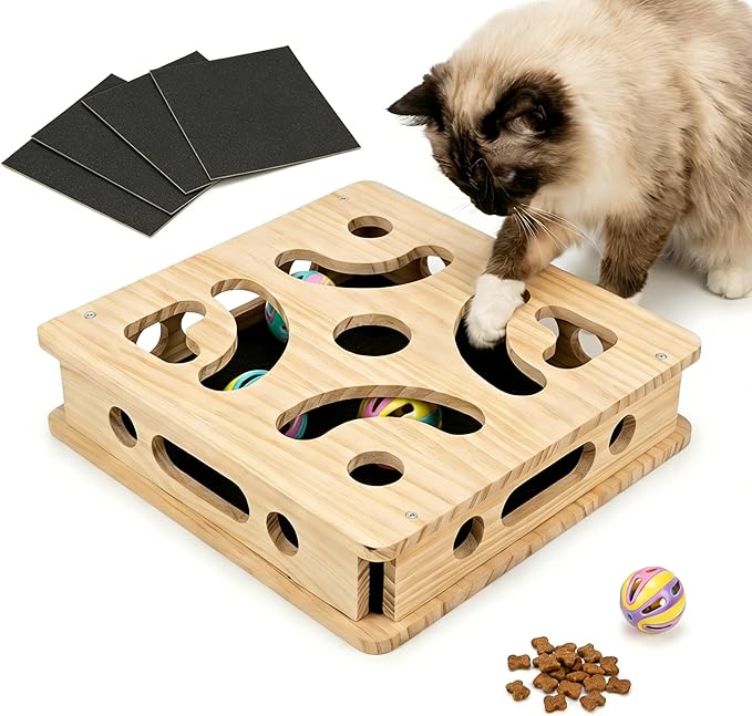 EIODEAR Cat Nail File Scratcher with 5 Sandpaper Pads, 4 Bell Balls, 8 Screw, Solid Wood Cat Scratch Puzzle Enrichment Box Nail Filer Box Toy to File Nails, Cat Treat Box for Treat-Motivated Cats