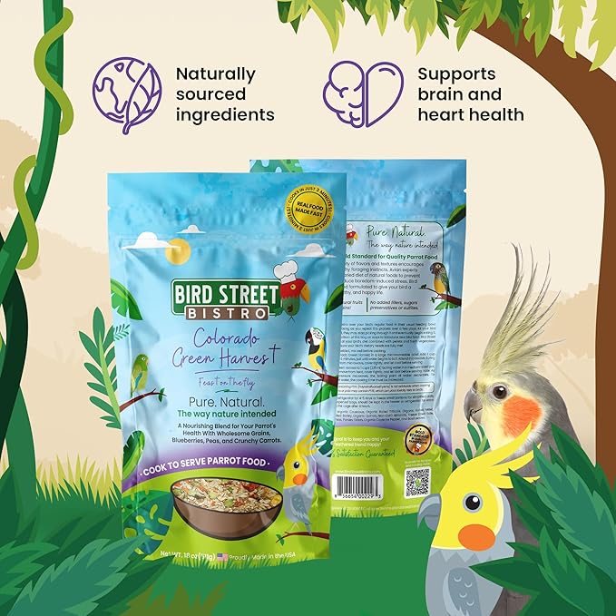 Bird Street Bistro Parrot Food for Parakeets & Cockatiels - Colorado Green Harvest - 18 oz - Cooks in 3-15 min, Natural Grains, Fruits & Vegetables - USA Made