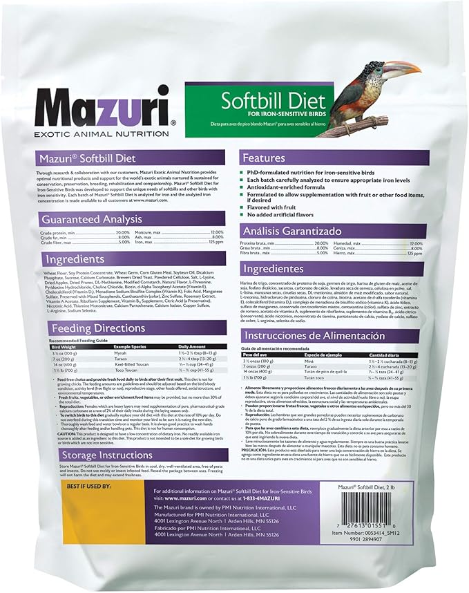 Mazuri | Softbill Diet for Iron-Sensitive Birds | 2 Pound (2 LB) Bag