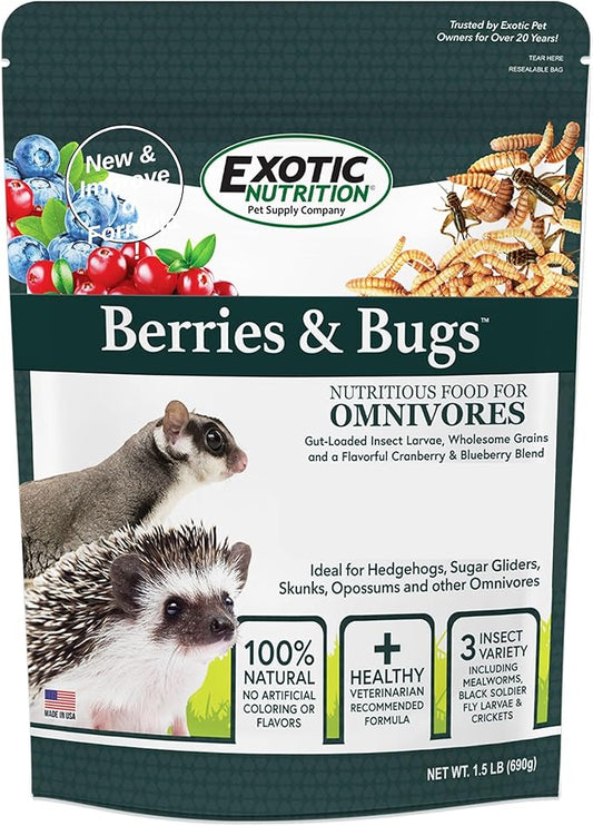 Berries & Bugs 1.5 lb - All Natural High Protein High Fiber Food for Hedgehogs, Skunks, Opossums, Sugar Gliders - Universal Insectivore Diet with Fruit, Gut-Loaded Insects, & Healthy Vitamins