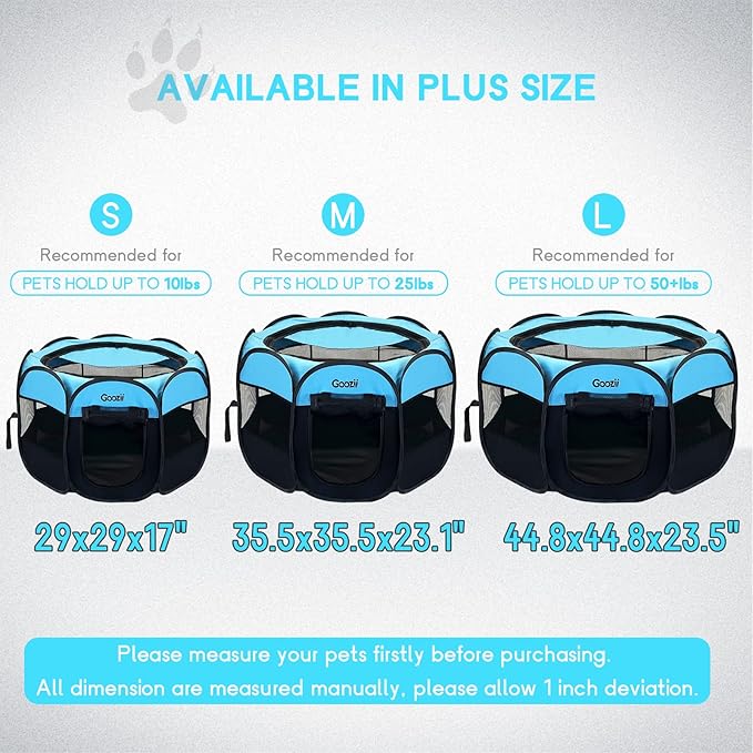 GOOZII Portable Dog Playpen Indoor Outdoor, Collapsible Pet Dog Playpen with Zipper Top Cover, Cat Puppy Bunny Kitten Exercise Play Pen Tent for Beach RV Car (Medium Size,Black Blue)