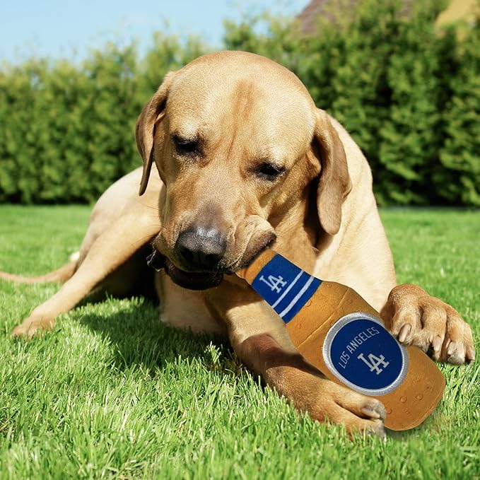 Pets First MLB Los Angeles Dodgers Stadium Beer Bottle Plush Dog Toy-Cutest Plush Toy for Dogs & Cats with Inner Squeaker & Premium Embroidery of Baseball Team Name & Logo