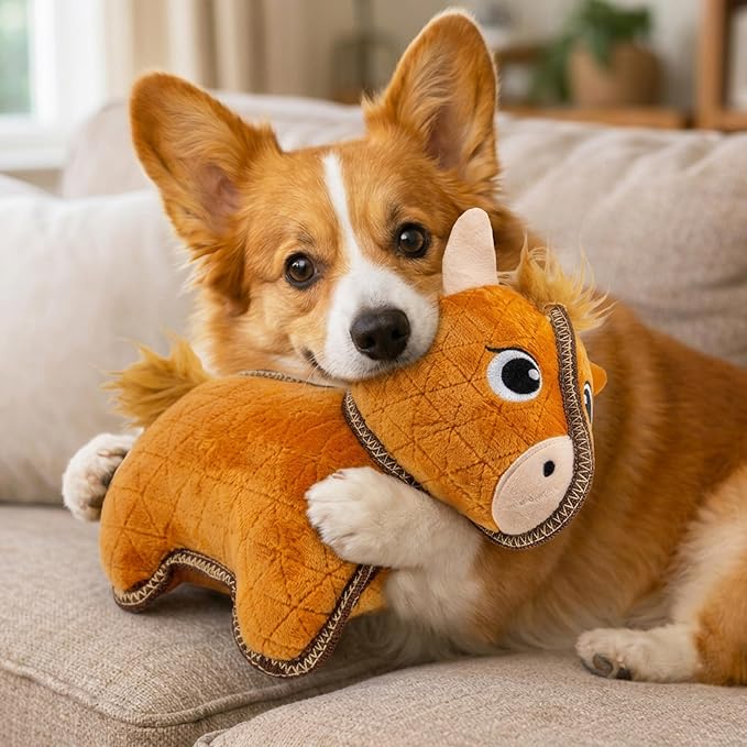 Outward Hound Xtreme Seamz Dog Toy, Reinforced Seams & Multiple Stitching, Durable Plush with Squeakers, Highland Cow, 9.8”