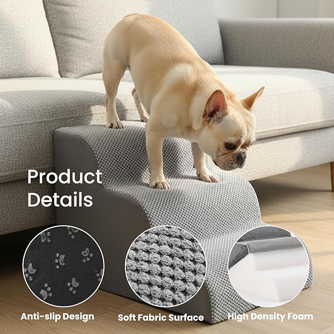 HealSmart Dog Stairs for Small Dogs, 3-Step Curved Design Pet Steps for Puppies & Senior Cats, High-Density Foam Indoor Non-Slip Ladder, Perfect for Sofa Couch and Chair Furniture Access, Gray