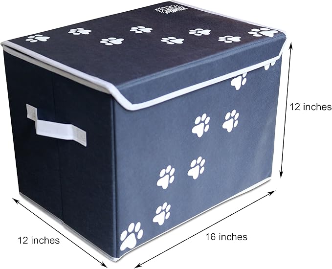 Feline Ruff Large Dog Toys Storage Box 16" x 12" Pet Toy Storage Basket with Lid. Perfect Collapsible Canvas Bin for Cat Toys and Accessories Too! (Blue)