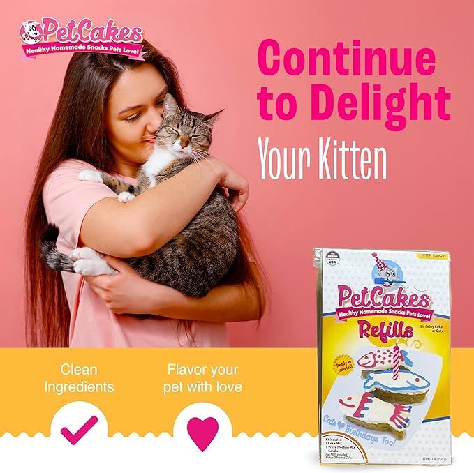 PetCakes Birthday Treat Mix Refills for Cats - Make Healthy Cakes - Includes 1 Cake Mix, 1 Frosting & Candle, Cheese Flavor - Net Wt. 3oz