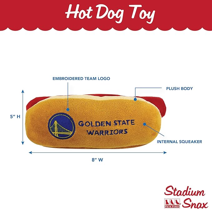 NBA Golden State Warriors HOT Dog Plush Dog & CAT Squeak Toy - Cutest HOT-Dog Snack Plush Toy for Dogs & Cats with Inner Squeaker & Beautiful Basketball Team Name/Logo