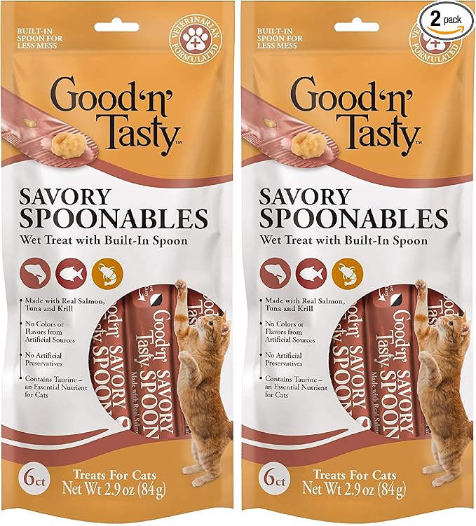 Good 'N' Tasty Savory Spoonables with Real Salmon, Tuna & Krill, 6 Count Tube, Triple Flavor Squeezable Lickable Wet Treats for Cats with Built-in Spoon for Less Mess (Pack of 2)
