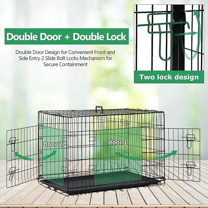 Dog Crate, 24/30/36/42/48 Inch Dog Crates for Small Medium Large Dogs Indoor, Folding Metal Dog Kennel Dog Cage with Double-Door, Divider Panel, Removable Tray, Locks and Handle, (48 Inch, Black)