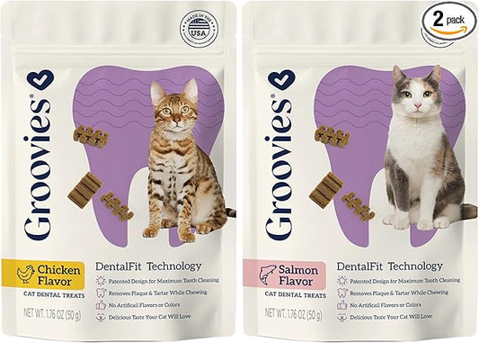 Groovies Cat Daily Dental Treats. Tasty, Crunchy Bites Cats Love. Powered by USA-Patented DentalFit Tech. No Gluten or Artificial Flavors or Colors. 1.76oz Each bag- (2 pack) of (1)Chicken & (1)Salmon