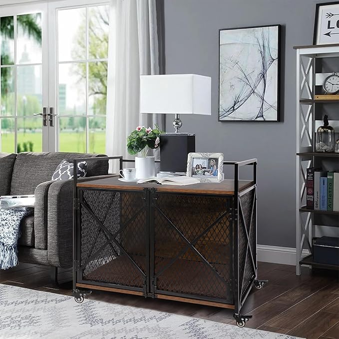 41" Dog Crate Indoor Furniture-Style for Large & Medium Dogs, Heavy Duty Wooden Indoor Dog Cage with 4 Lockable Wheels &Cushion for Living Room, Bedroom, House, Rustic Brown