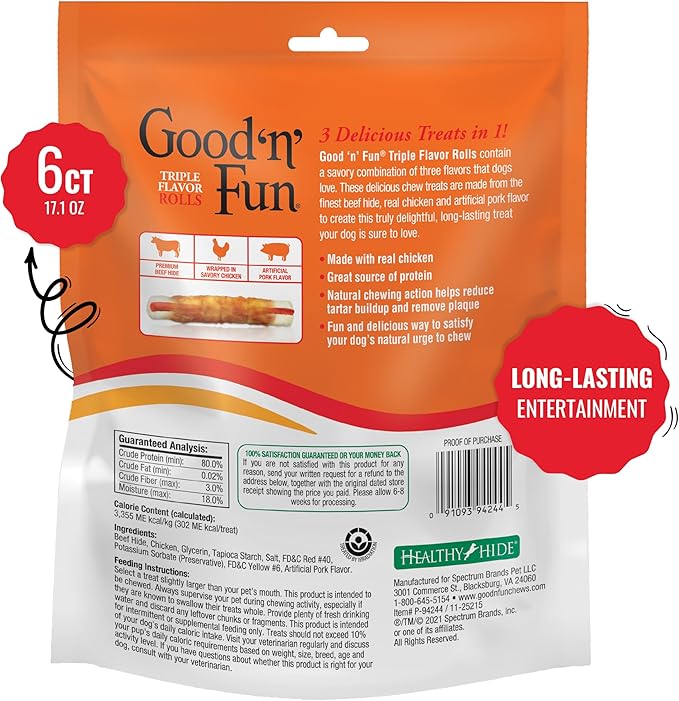 Good ‘n’ Fun Triple Flavor Rolls for Large Dogs, Treat Your Dog to Long-Lasting Chews Made with Real Beef Hide and Chicken, 6 Count