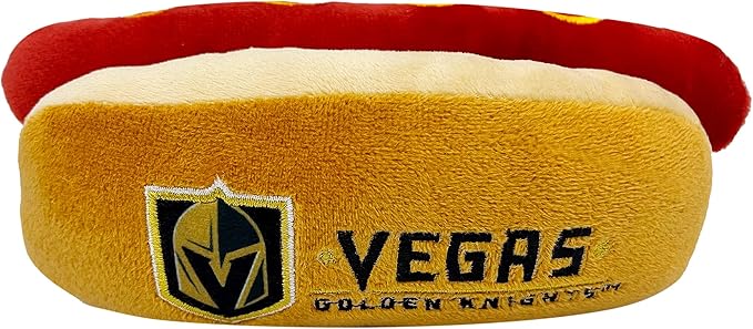 Pets First NHL LAS Vegas Golden Knights HOT Dog Plush Dog & CAT Squeak Toy - Cutest HOT-Dog Snack Plush Toy for Dogs & Cats with Inner Squeaker & Beautiful Hockey Team Name/Logo 8 x 5 x 3 Inches