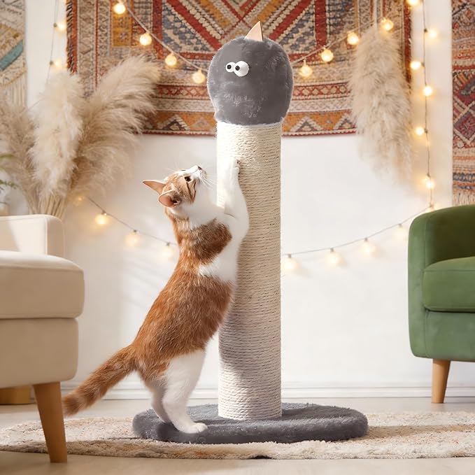 Cat Scratching Post for Small Space, 22'' Scratching Posts for Indoor Cats Adults, Extra Wide 13.4" Stable Base & Natural Sisal, Cute Cat Scratching Post with Short Plush Fabric for Large Cats, Grey