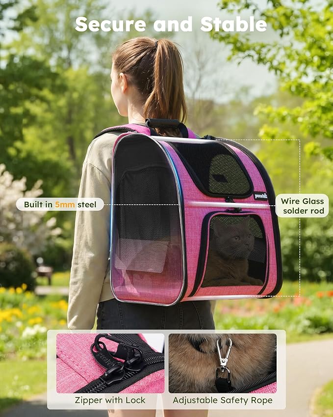 Pecute Cat Backpack Carrier Expandable, Pet Backpack for Cats & Small Dogs Up to 11lbs, with 4-Side Breathable Mesh, Multi-Entry & Lockable Zippers for Travel, Hiking, Camping - Hands Free, Pink