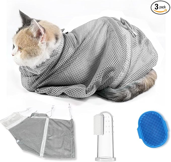 Adjustable Multifunctional Anti-Bite Shower Net, Cat Grooming Mesh Bag, Bath Brush and Pet Finger Toothbrush - B-Grey