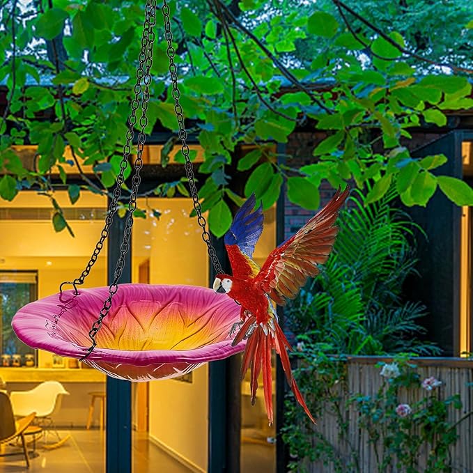 Kichvoe Flower-Shaped Hanging Bird Feeder and Solar Heated Bird Bath for Garden Outdoors, 8-inch Swing Design with Petal Shape, Sturdy Hanging Wildlife Feeder for Backyard Birding