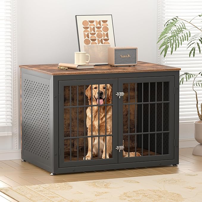 rehomerance 42" Heavy Duty Dog Crate Furniture for Large and Medium Dogs, Enclosed Design Wooden Metal Kennel, Wooden Cage Furniture Indoor, Decorative Dog Kennel End Table