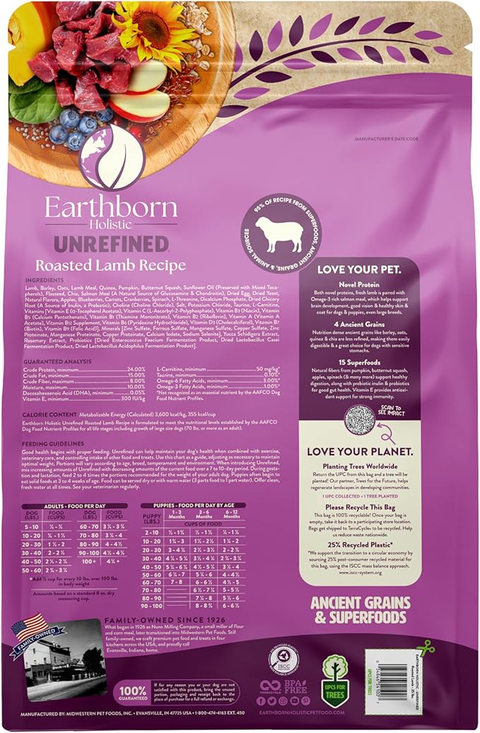 Earthborn Holistic Unrefined Roasted Lamb Dry Dog Food, Ancient Grains & Superfoods, Pea-Free Recipe, 25 lb Bag